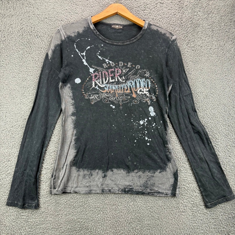 Skinny Minnie Women Large Long Sleeve Rodeo Rider Grunge Graphic Tee Black L